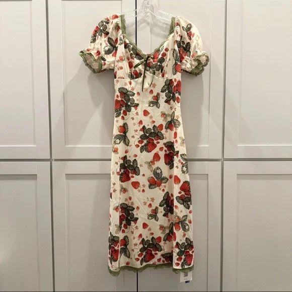 Cider Strawberry Floral Lace Trim Bow Midi Dress Fairy Cottagecore Coquette NEW! - Picture 7 of 16